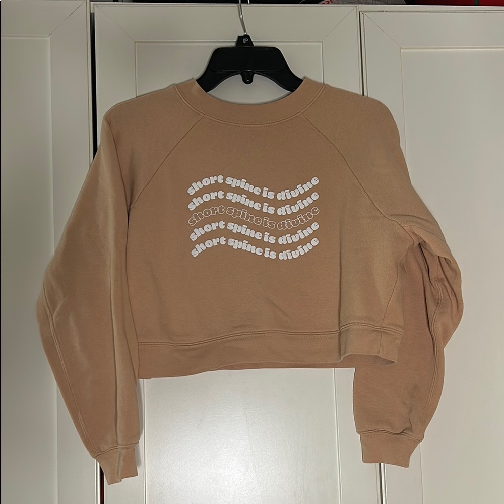 Club Pilates Short Spine is Divine Tan Cropped Sweatshirt